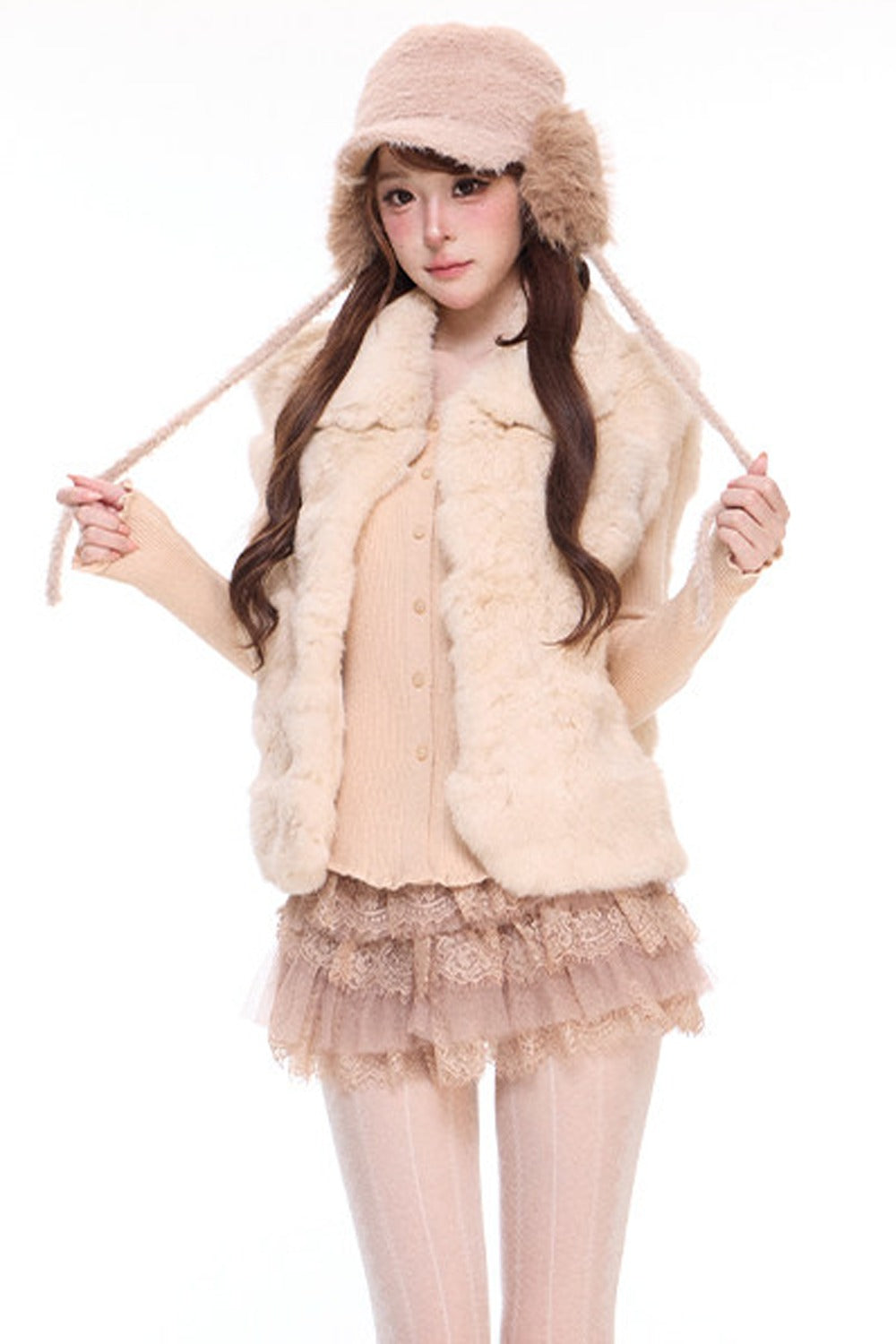 Rabbit Fur Vest and Knitted Sweater Cake Skirt Set-Up