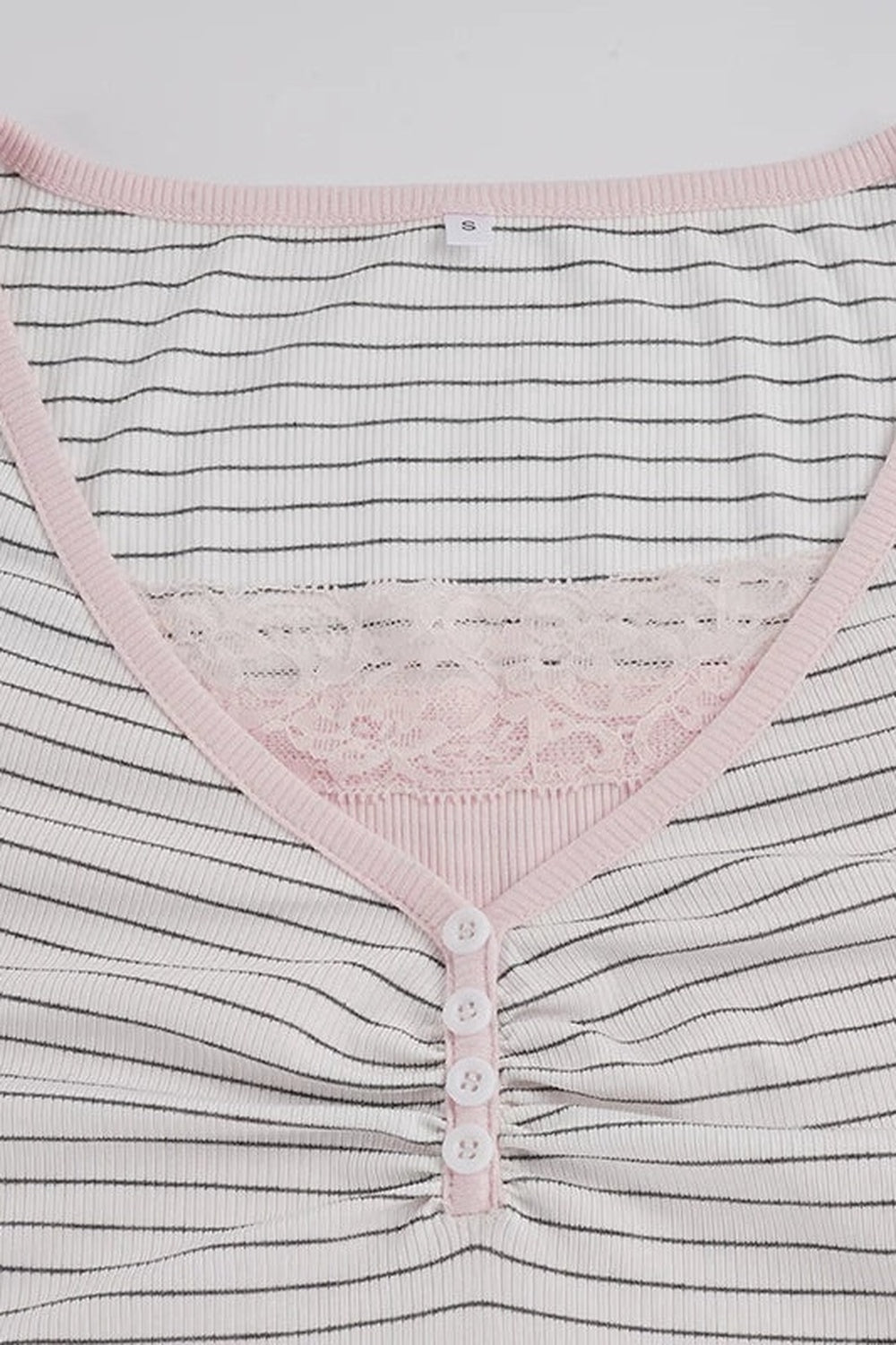 Striped 3-Button Lace Trim Henley Short Sleeve Top
