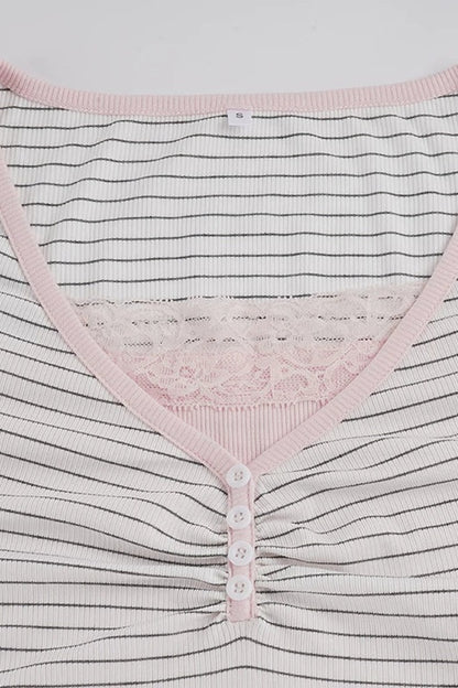 Striped 3-Button Lace Trim Henley Short Sleeve Top