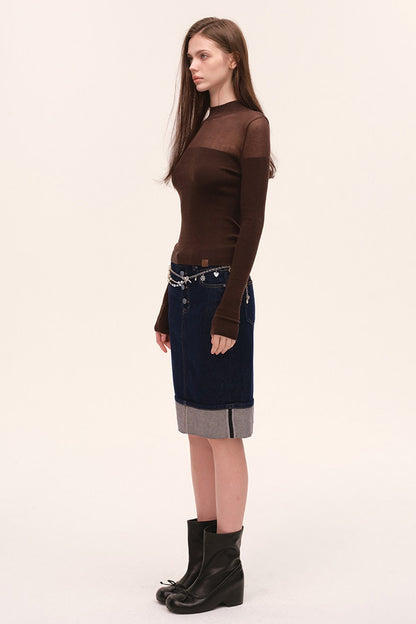 Tencel Spliced Half-Turtleneck Knit Top