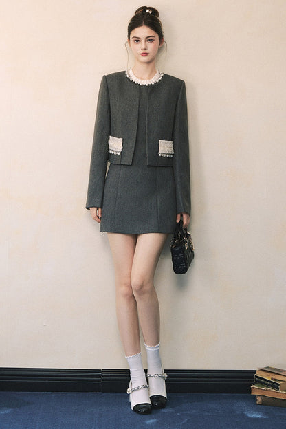 Miu Style Tweed Blazer Sleeveless A-Line Dress Set-Up