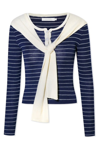 Striped Shawl Collar Long Sleeve Knit Sweater