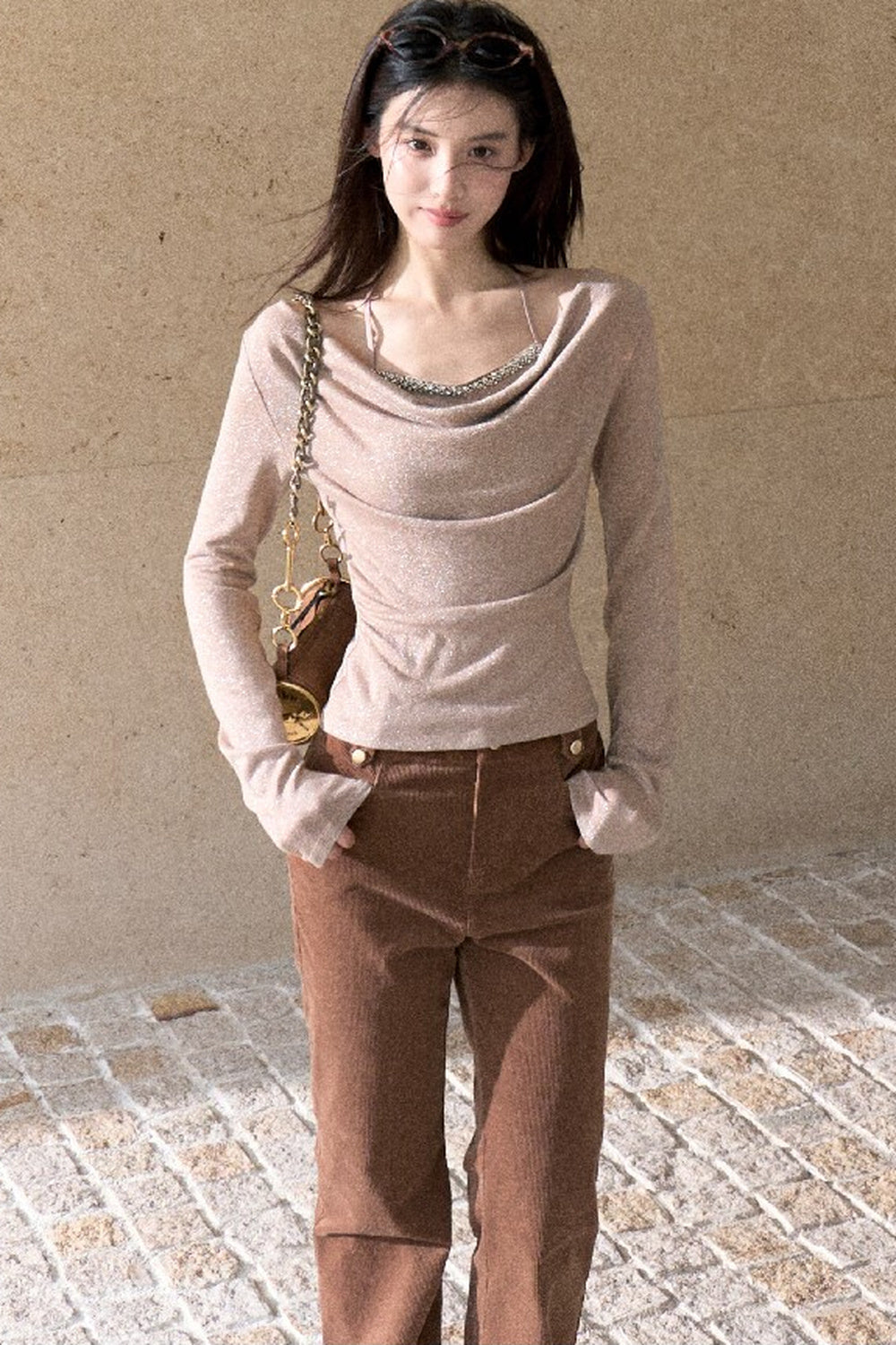 High-Waisted Corduroy Flared Belt Loops Pants