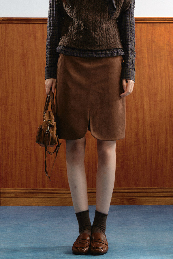 Retro Plaid Ribbon Top and Suede Skirt Set-Up