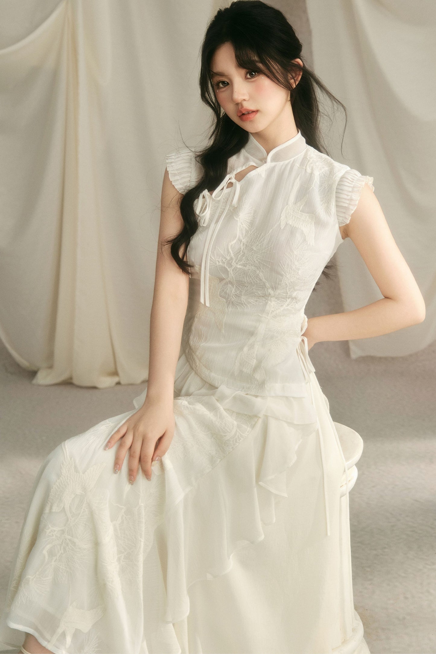 Embroidered Cheongsam Top and Ruffled Skirt Set-Up