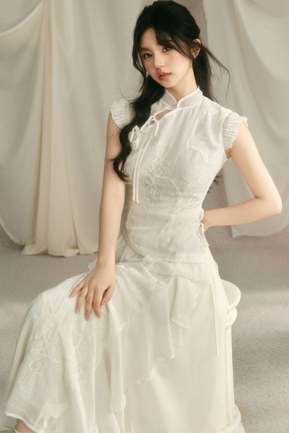 Embroidered Cheongsam Top and Ruffled Skirt Set-Up