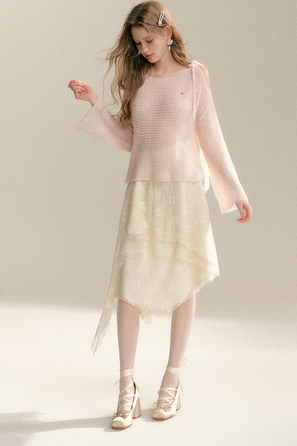 Lace-Up Off-Shoulder Knit Sweater