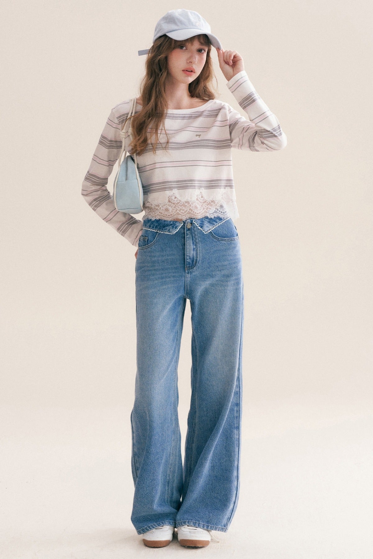 100% Cotton Folded Waistband Wide-Leg Jeans