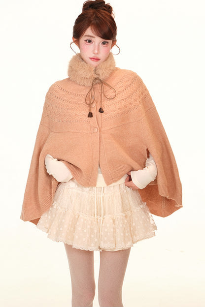 Camel Twisted Wool Knit Cape and Furry Scarf Set