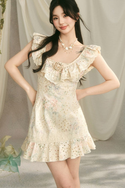 Floral Ruffle V-Neck Bow Short Dress