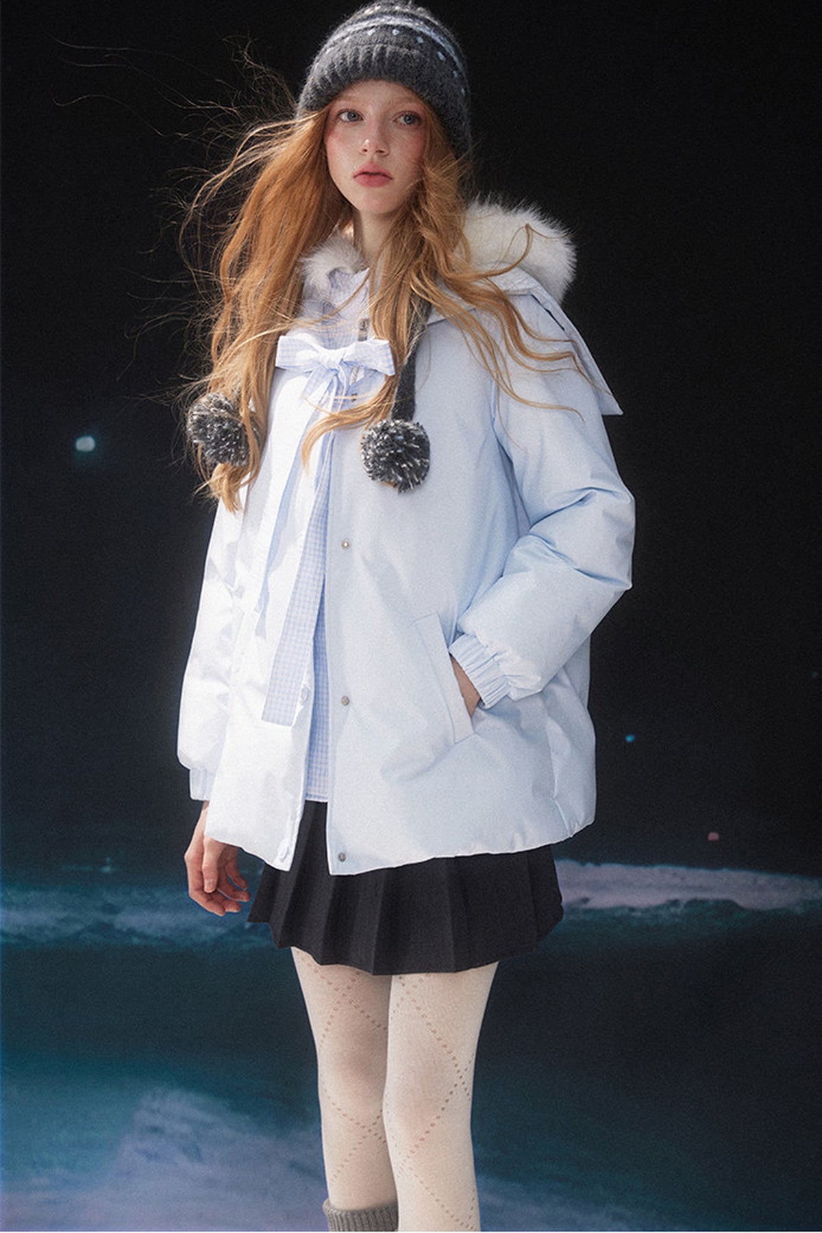 Blue Layered-Look Navy Collar Down Jacket