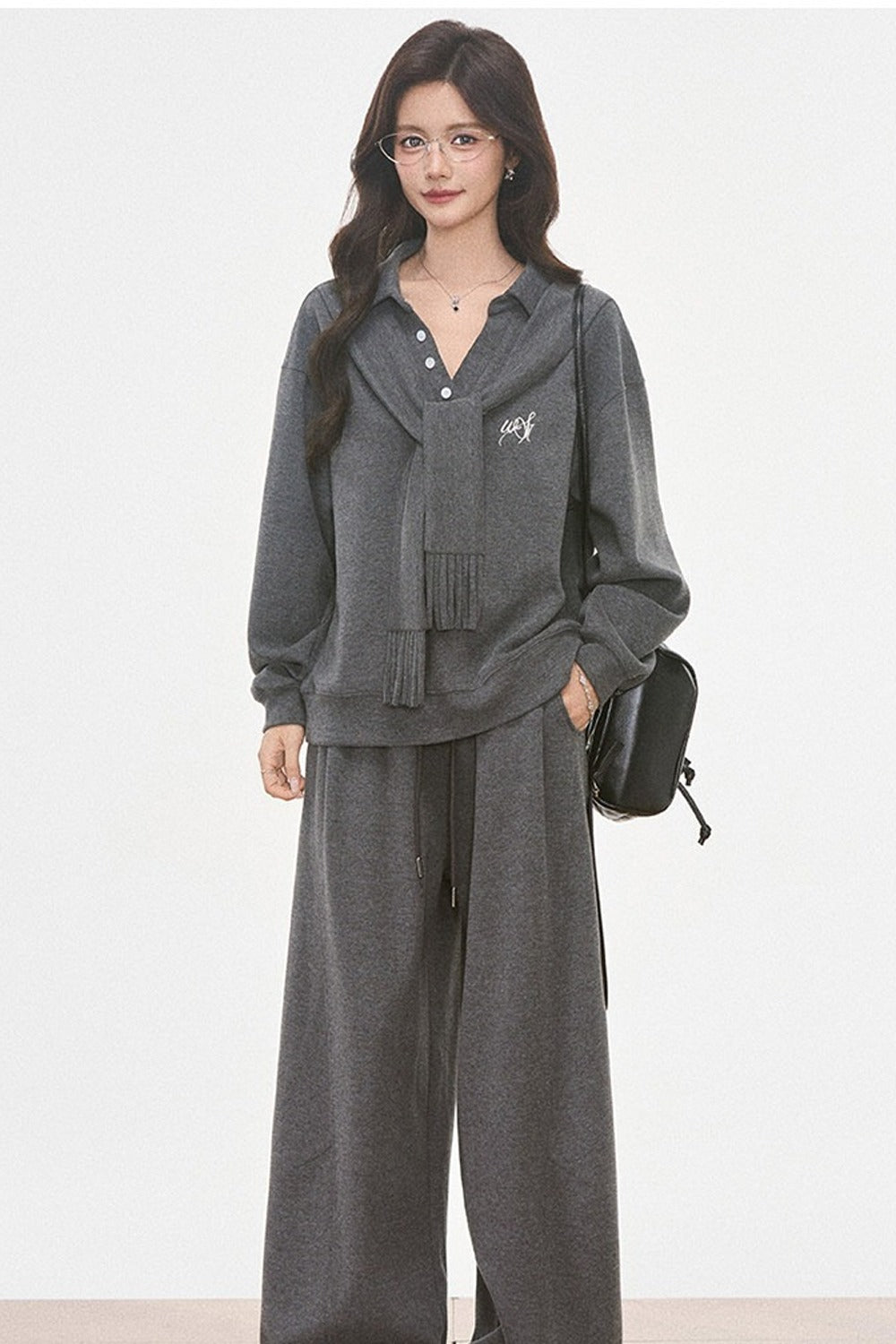 Knit Scarf Sweatshirt and Sweatpants Set-Up