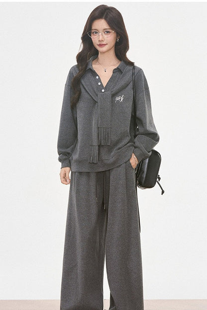 Knit Scarf Sweatshirt and Sweatpants Set-Up