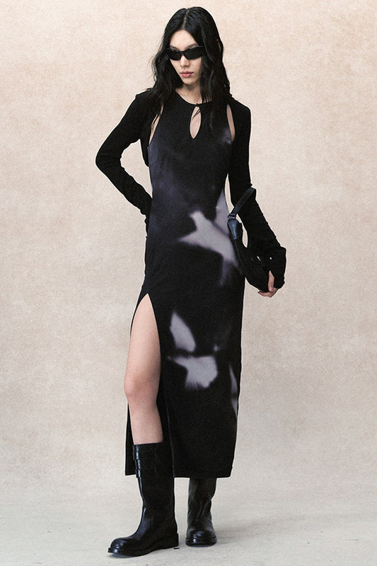 Dark Ink Shadow Printed Mesh Qipao Dress Set