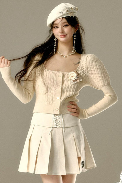 Rose Heart Embroidery Lace-Up Pleated A-Line Skirt