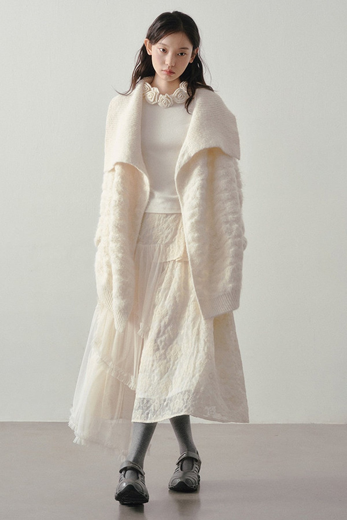 Beige Thick-Knit Loose Mid-Length Cardigan