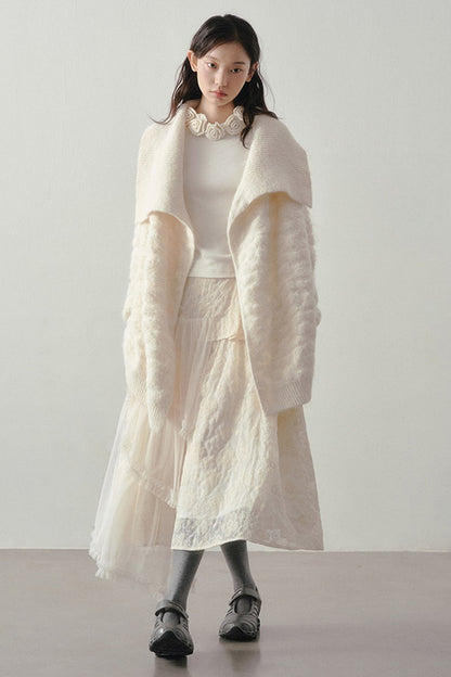 Beige Thick-Knit Loose Mid-Length Cardigan