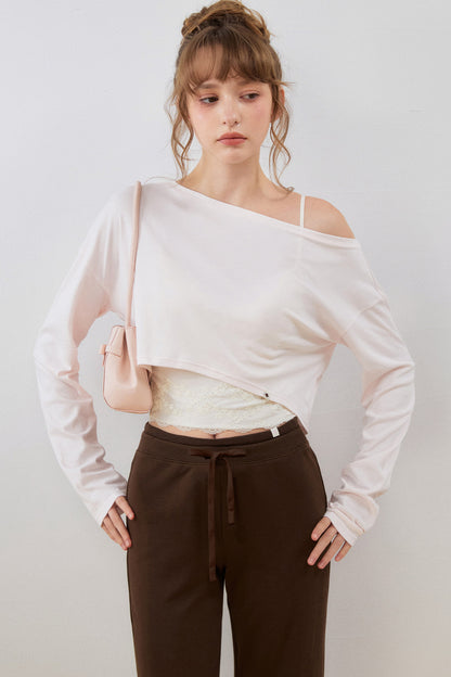 Asymmetrical Cropped Sweatshirt and Waistband Sweatpants Set-Up