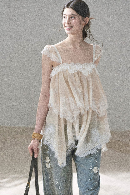 French Irregular Lace Mesh Top Set-Up