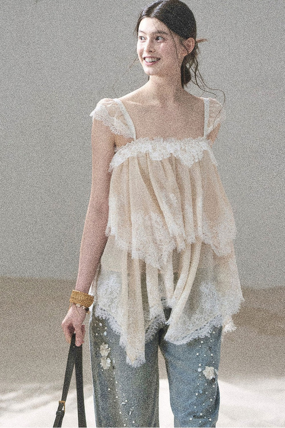 Asymmetric French Lace Mesh Top Set