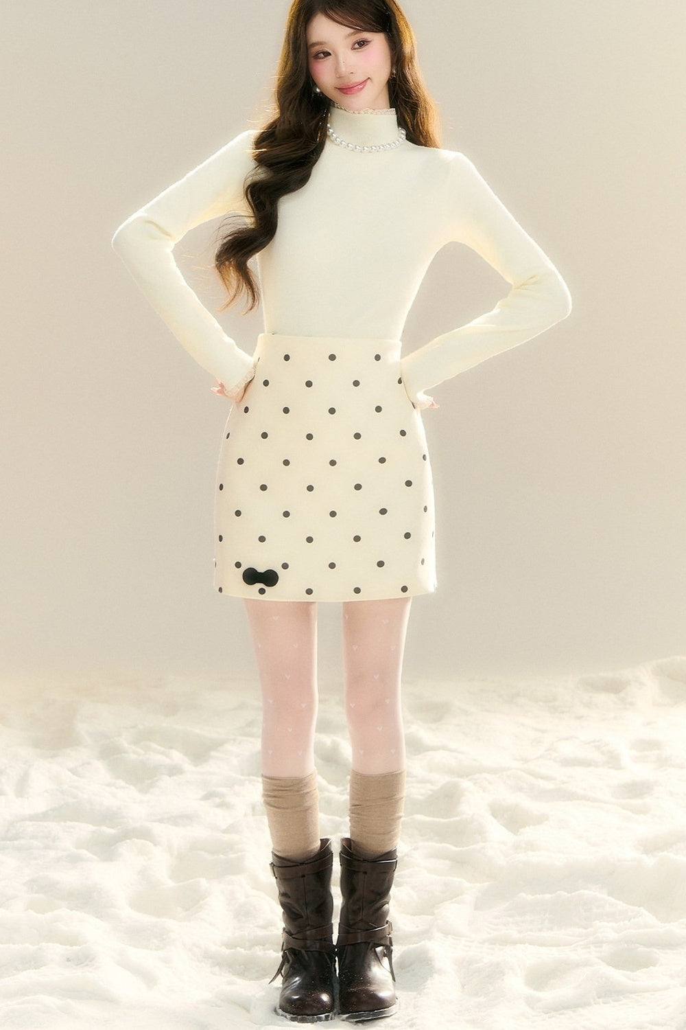 High-Waisted Drapey Polka Dot Woolen Skirt