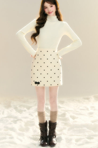 High-Waisted Drapey Polka Dot Woolen Skirt