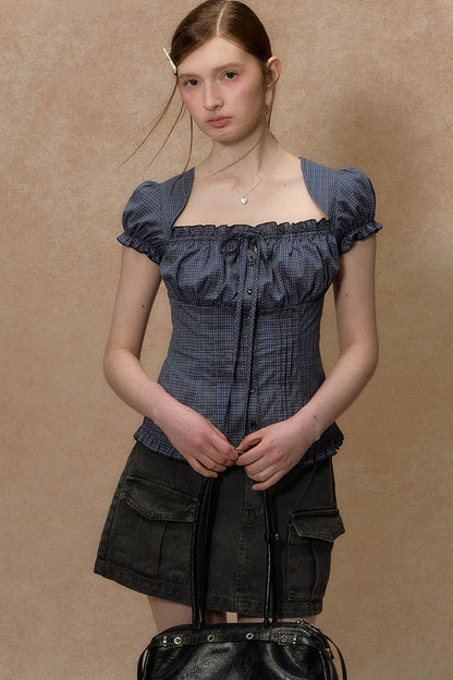 Plaid Puff Sleeve Ruched Top