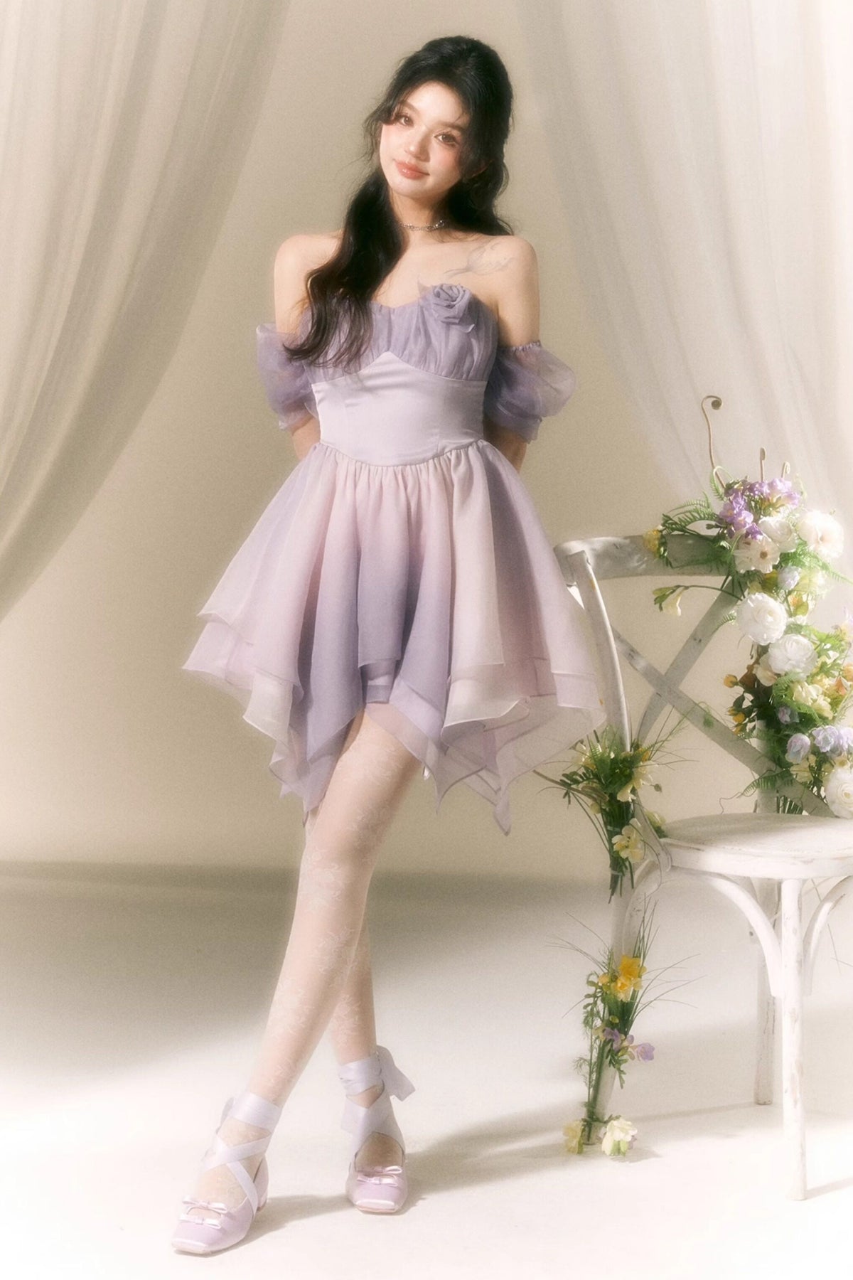Macaronfarbenes Puffärmelkleid