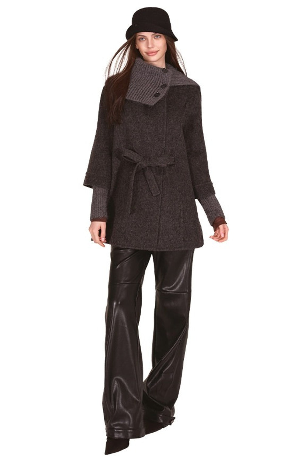 Asymmetrical Knit Collar Tie-Up Wool Coat