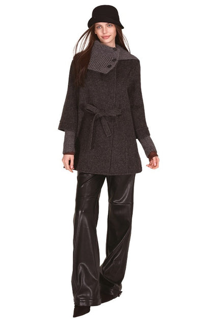 Asymmetrical Knit Collar Tie-Up Wool Coat