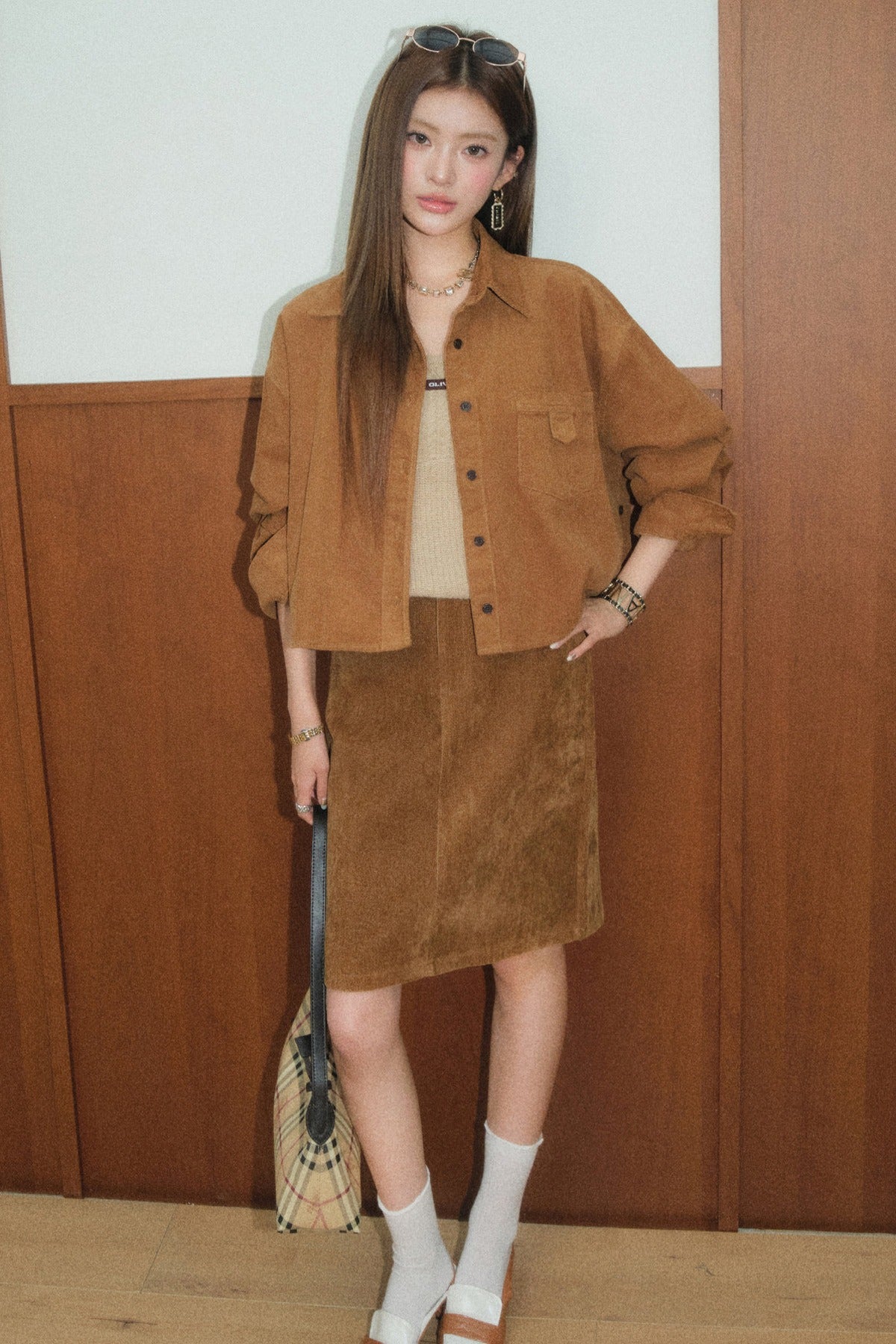 Brown Corduroy Jacket and Knit Vest Two-Piece Set-Up