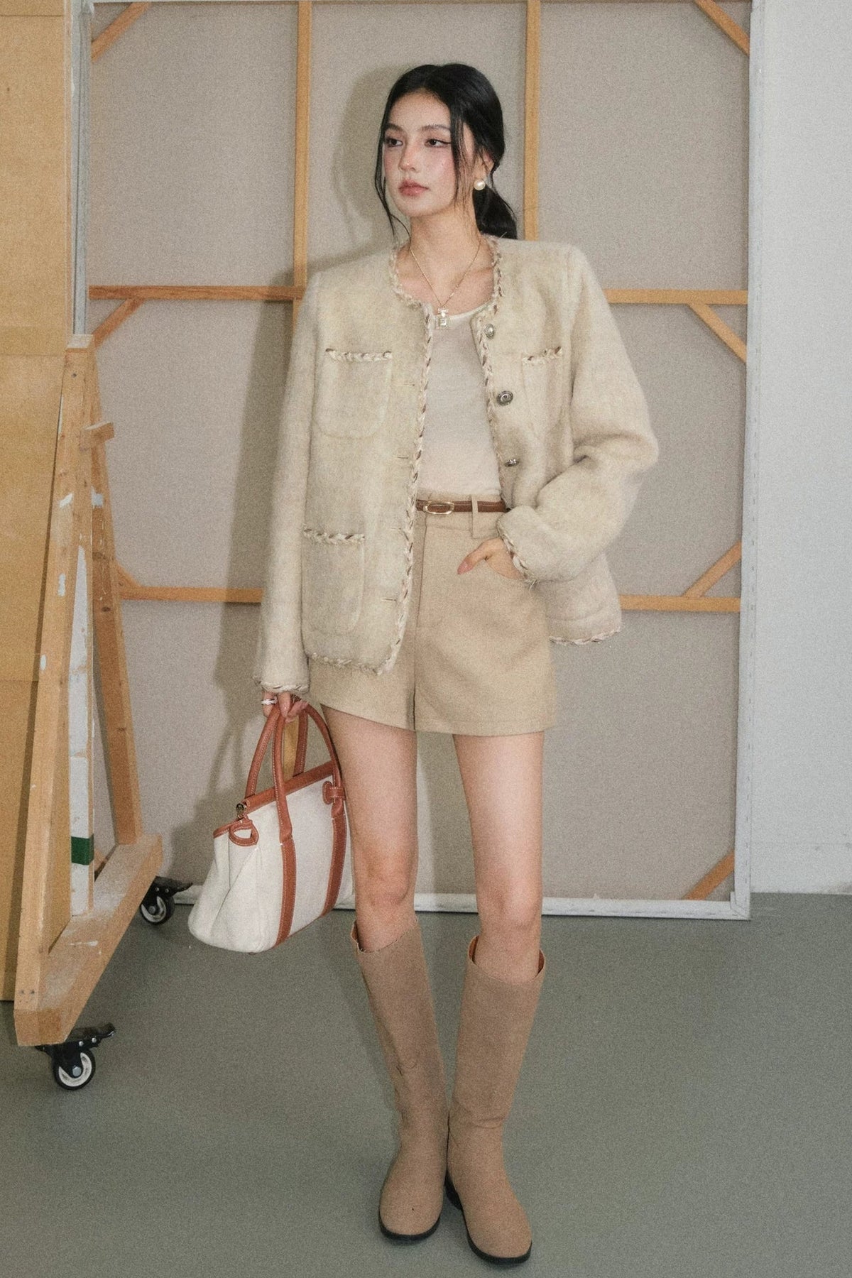 Wool Jacket and Straight Leg Shorts Set-Up