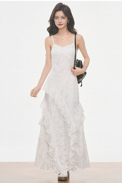 Petite Gray Wool Blazer and White Lace Slip Dress Set-Up