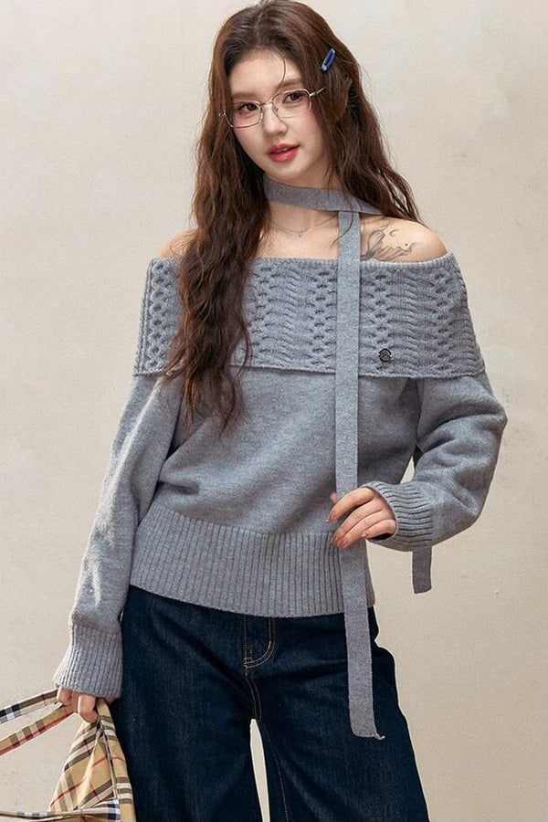 Off-Shoulder Long-Sleeve Knit Sweater
