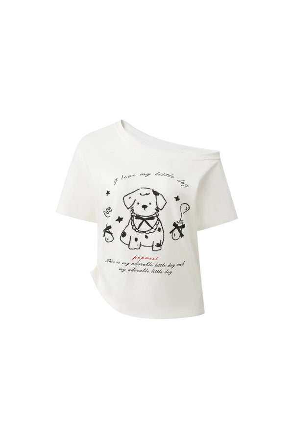 White Puppy Print Off-Shoulder Tee
