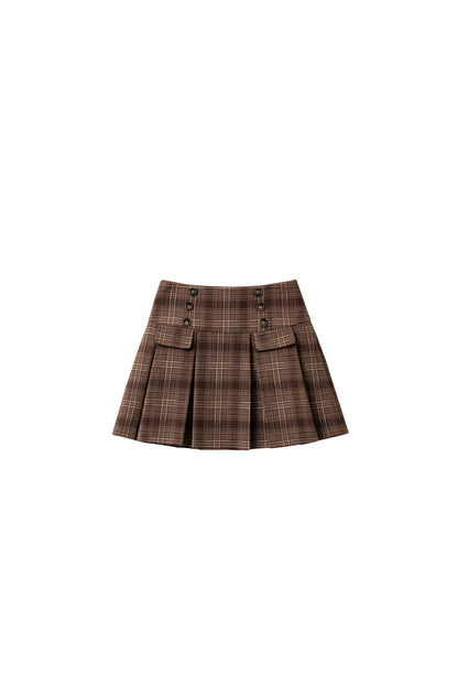 Double-Breasted Pleated Plaid A-Line Skirt