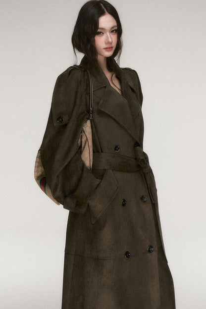 Brown Coffee Suede Long Trench Coat
