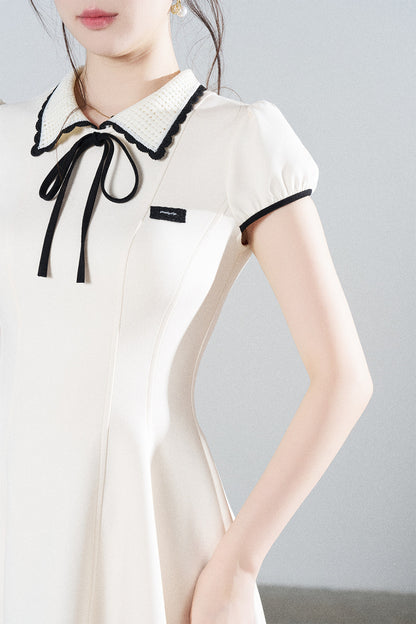 French Style Puff Sleeve Cinched Waist Dress