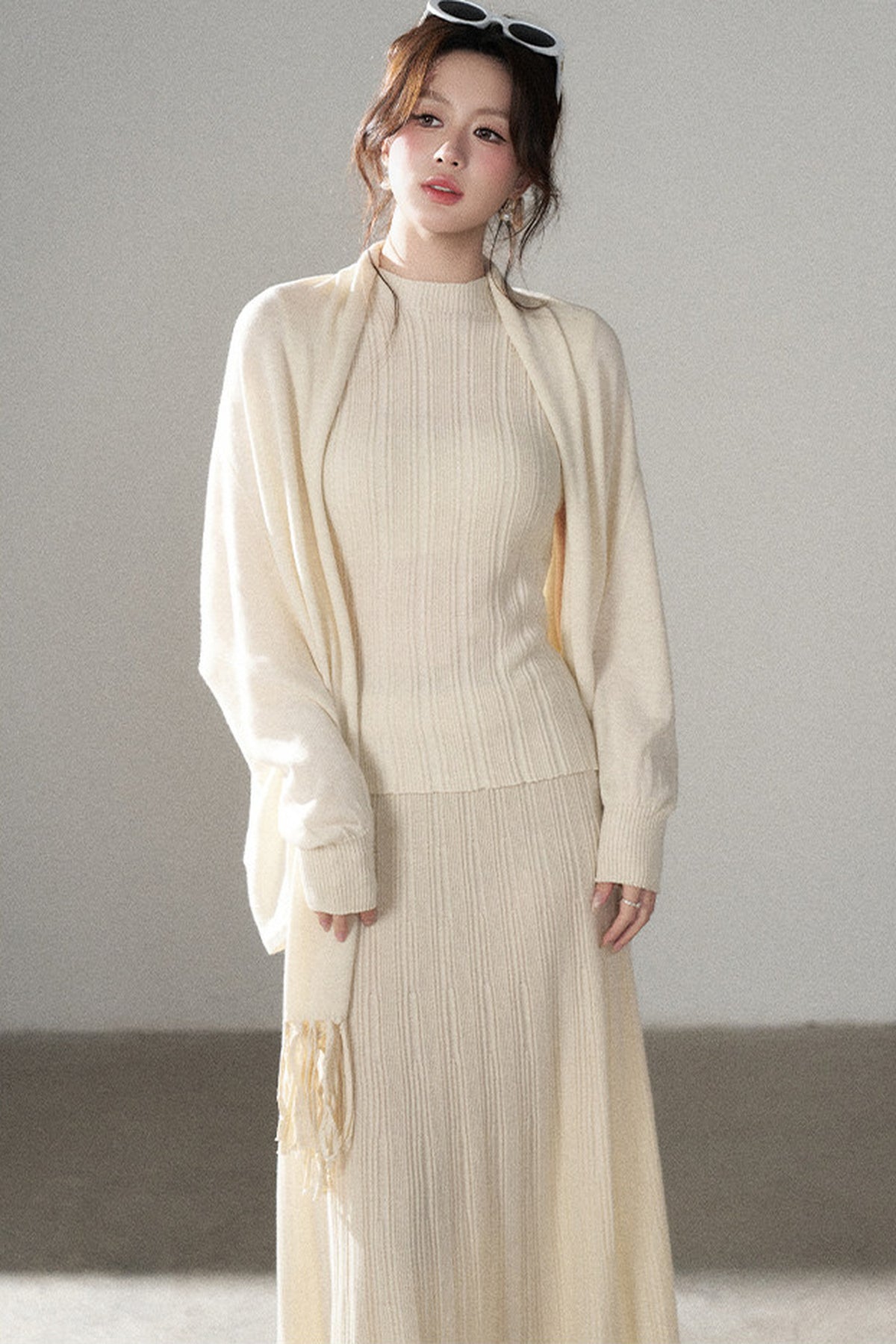 Turtleneck Sweater Long Skirt Shawl Cardigan Set