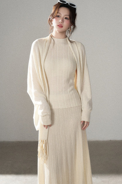 Turtleneck Sweater Long Skirt Shawl Cardigan Set