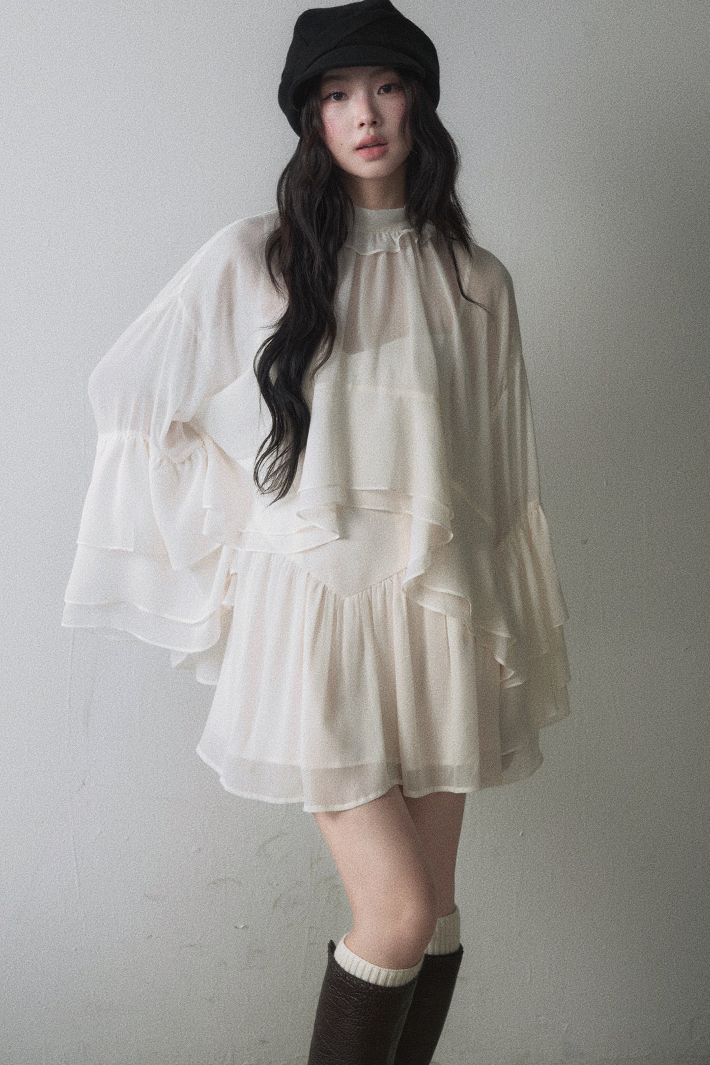Ruffled Long-Sleeve Blouse and Suspender Dress Set-Up