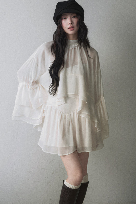 Ruffled Long-Sleeve Blouse and Suspender Dress Set-Up