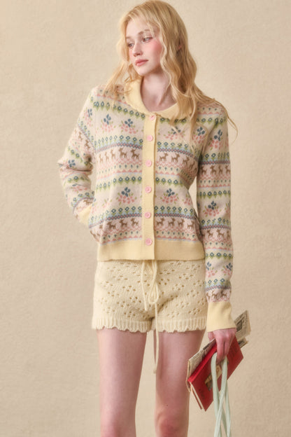 Reindeer Fair Isle Doll Collar Short Cardigan