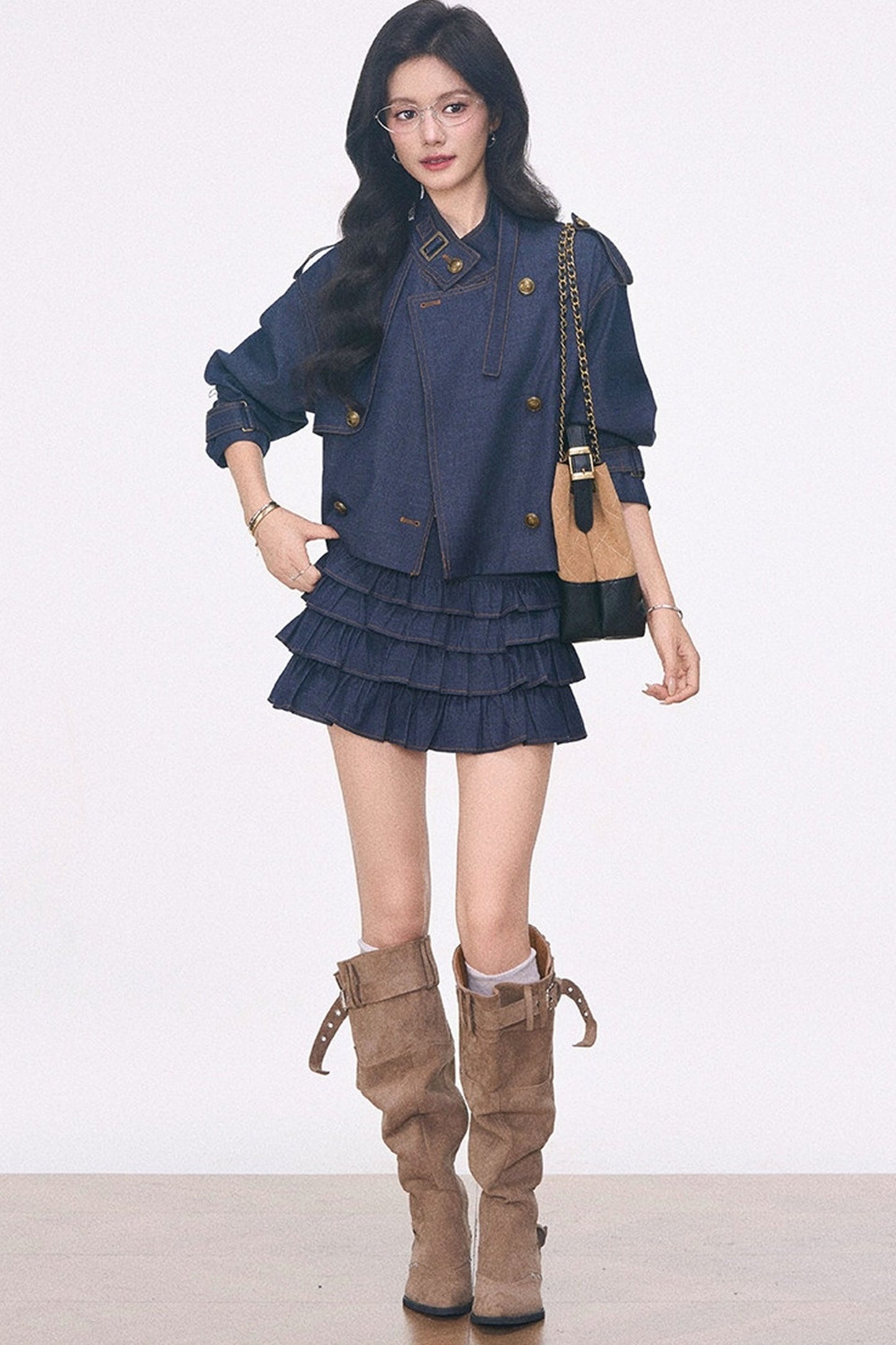Imitation Denim Short Jacket and Cake Skirt Set