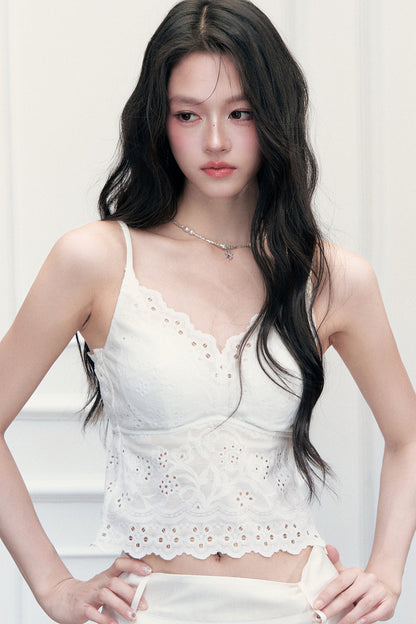 White French Hollow Embroidery V-Neck Camisole