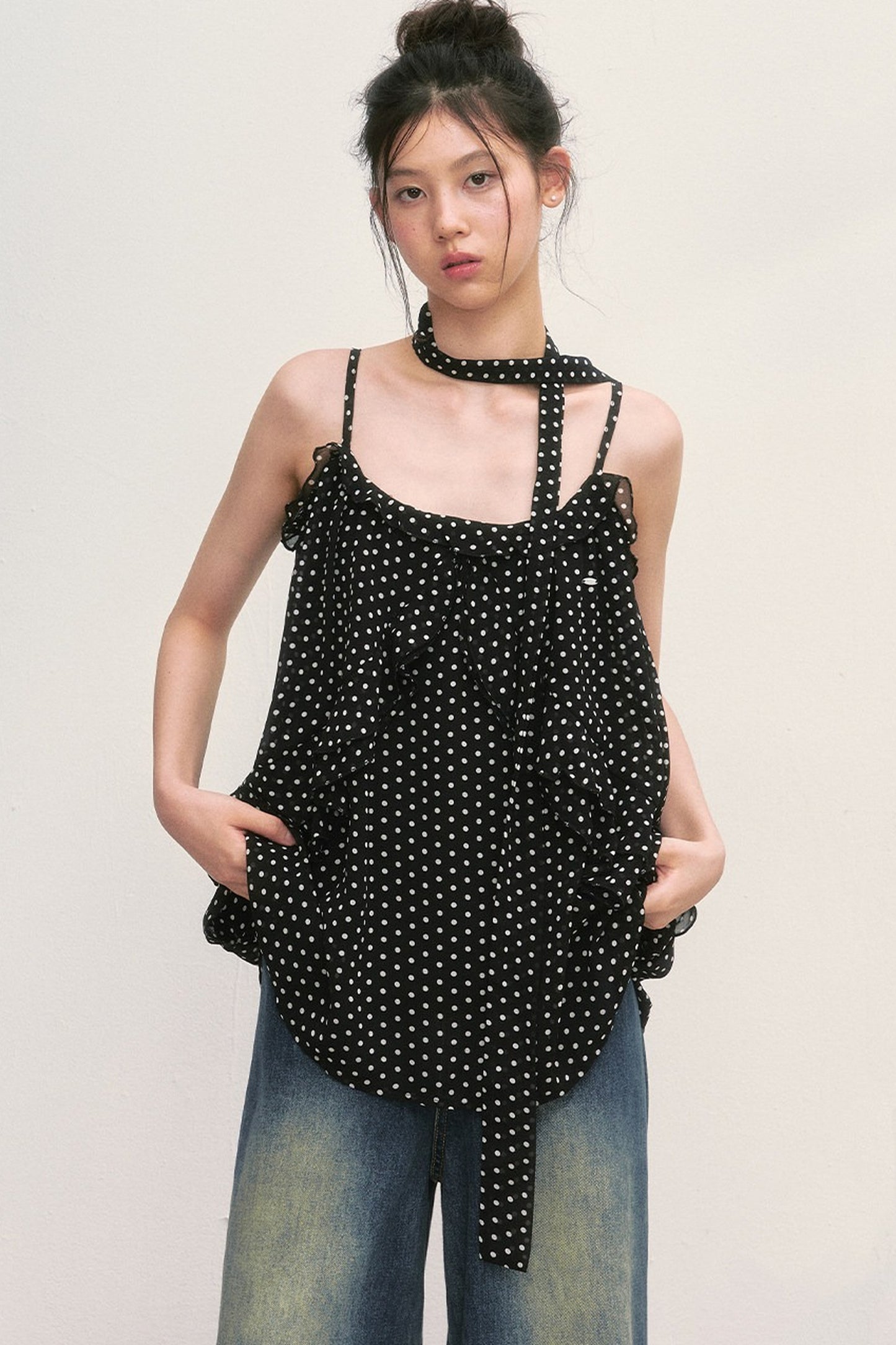 Polka Dot Ruffled Chiffon Camisole