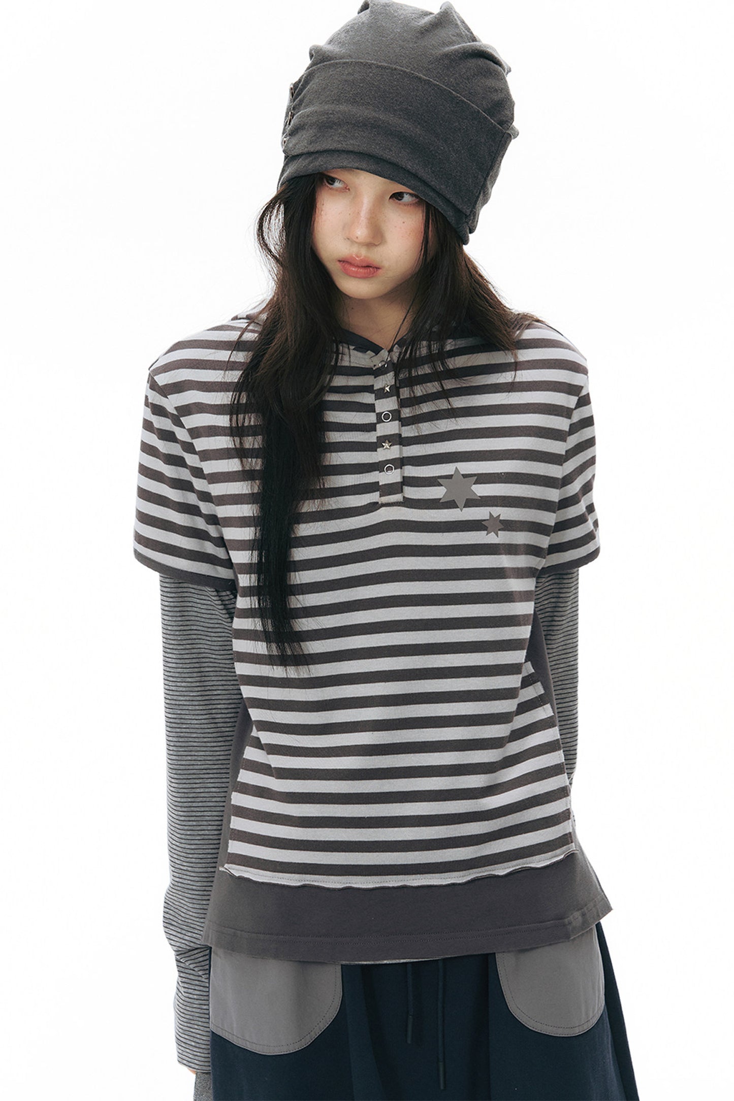 Striped Hooded Knit Short-Sleeve Top