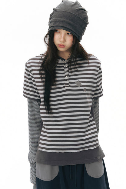 Striped Hooded Knit Short-Sleeve Top
