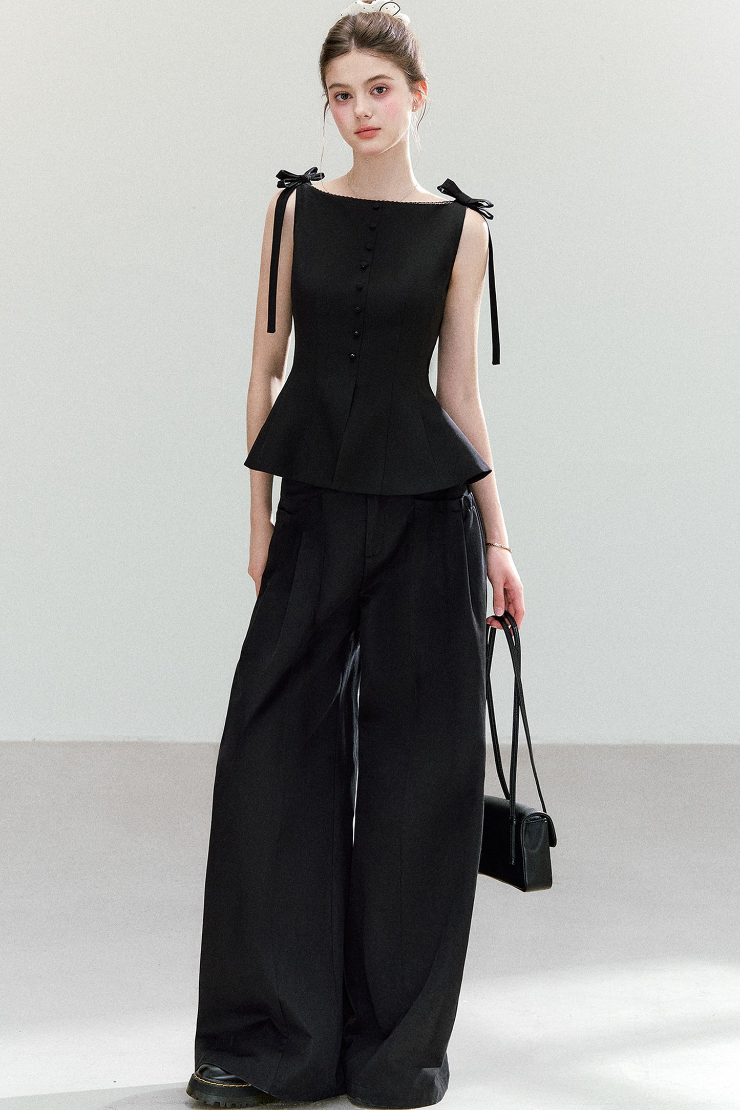 Black Bow-Strap Peplum Top, Pleated Skirt and Pants Set-Up