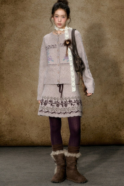 High-Waisted Floral Jacquard Knit A-Line Drawstring Skirt Set-Up